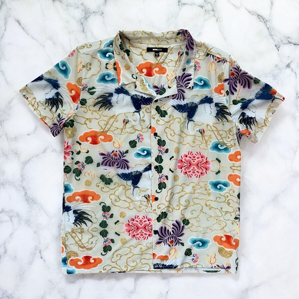 Pre-Loved “Celestial Flight” Crane & Cloud Camp Shirt – Multicolor (Large)